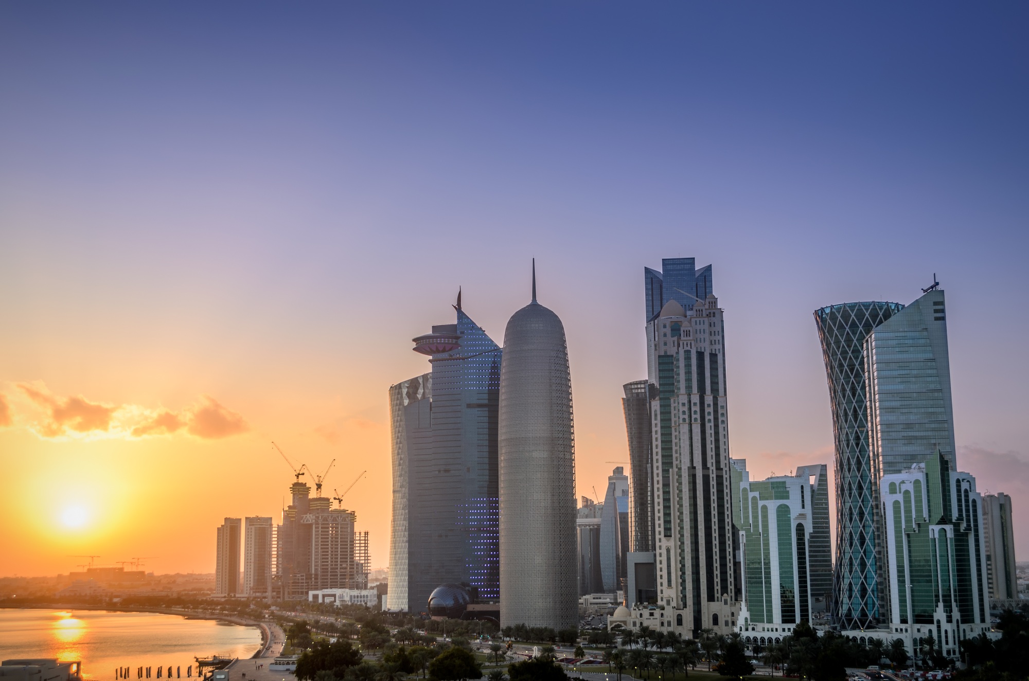 Sunset over the skyscrapers of Doha city in Qatar