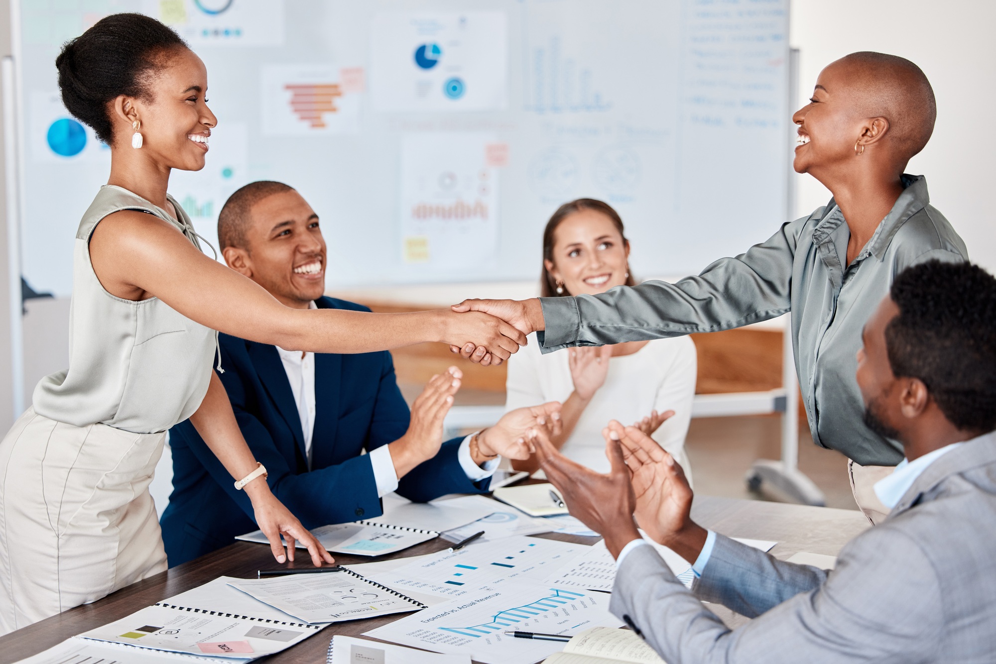 Partnership handshake, b2b client contract success or deal of business diversity and office team. T