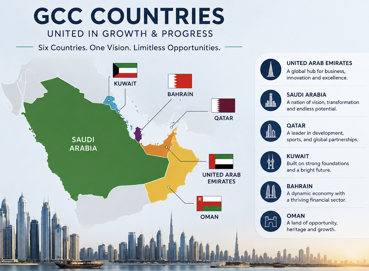 GCC Countries Map with flags and information